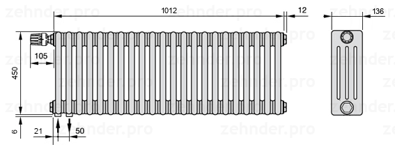 Схема (чертеж) Радиатор Zehnder Charleston 4045/22 №V001 Белый глянцевый RAL 9016